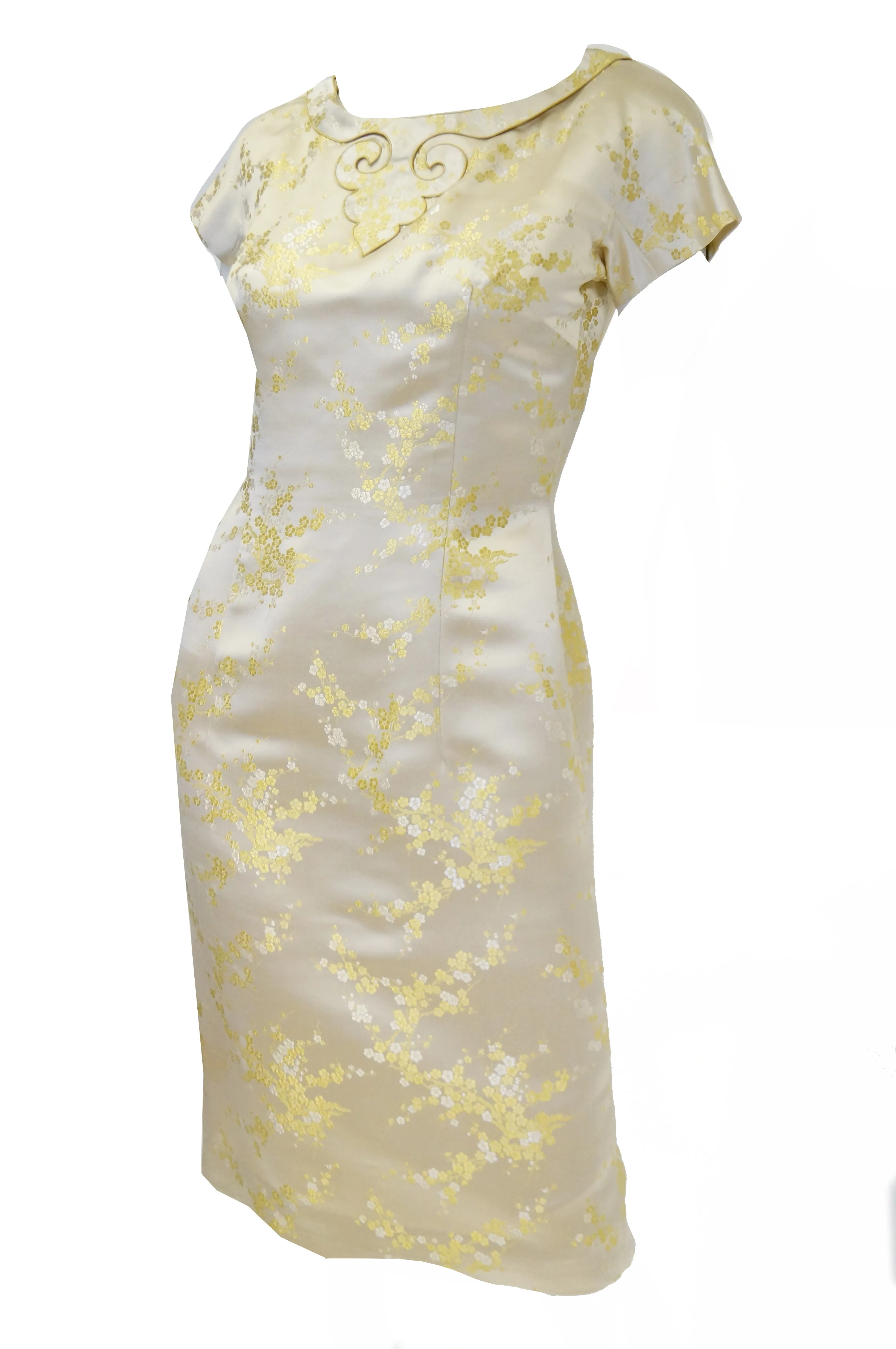 1960s Hong Kong Gold Cherry Blossom Floral Brocade Cocktail Dress and Coat