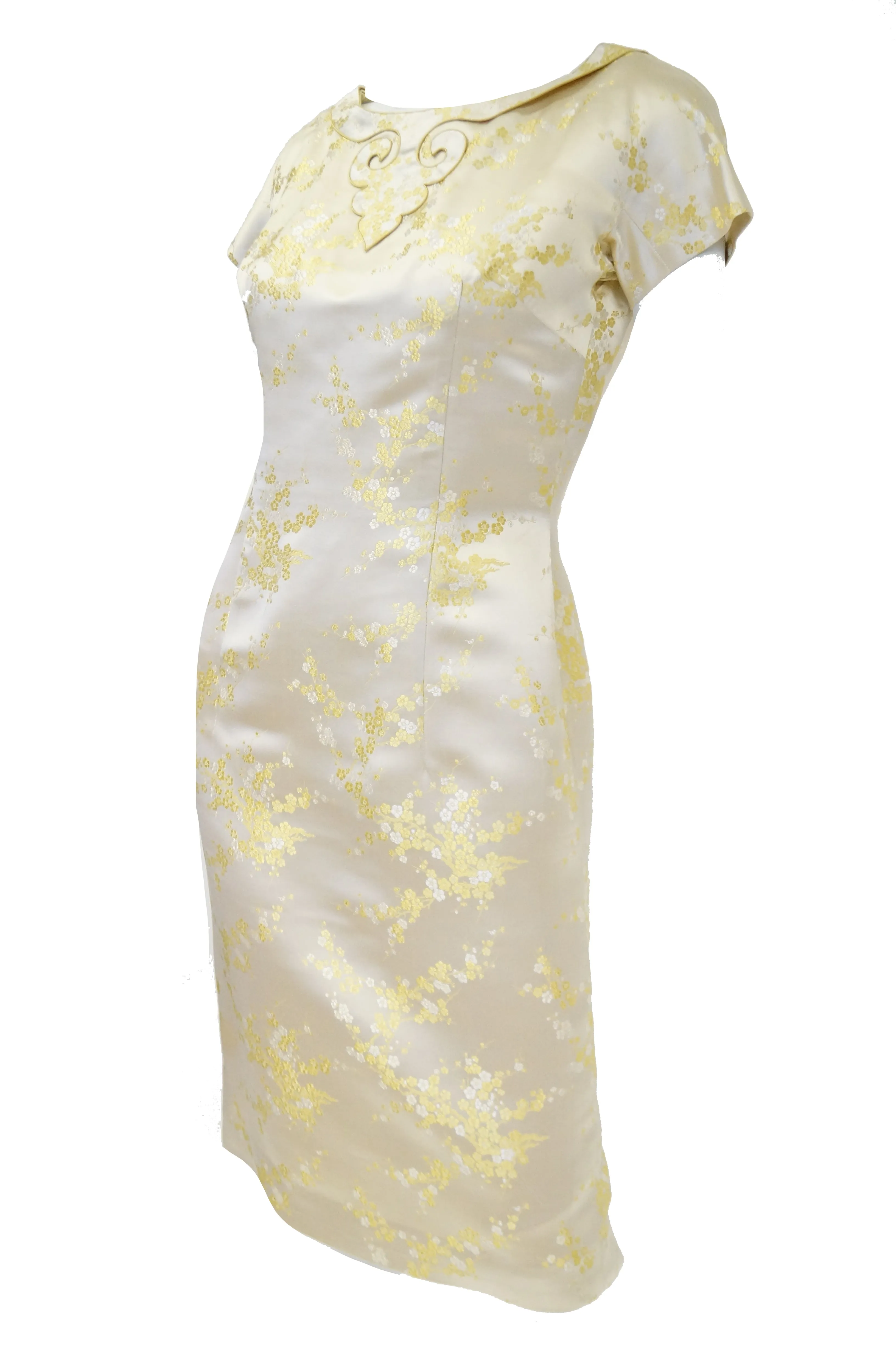 1960s Hong Kong Gold Cherry Blossom Floral Brocade Cocktail Dress and Coat