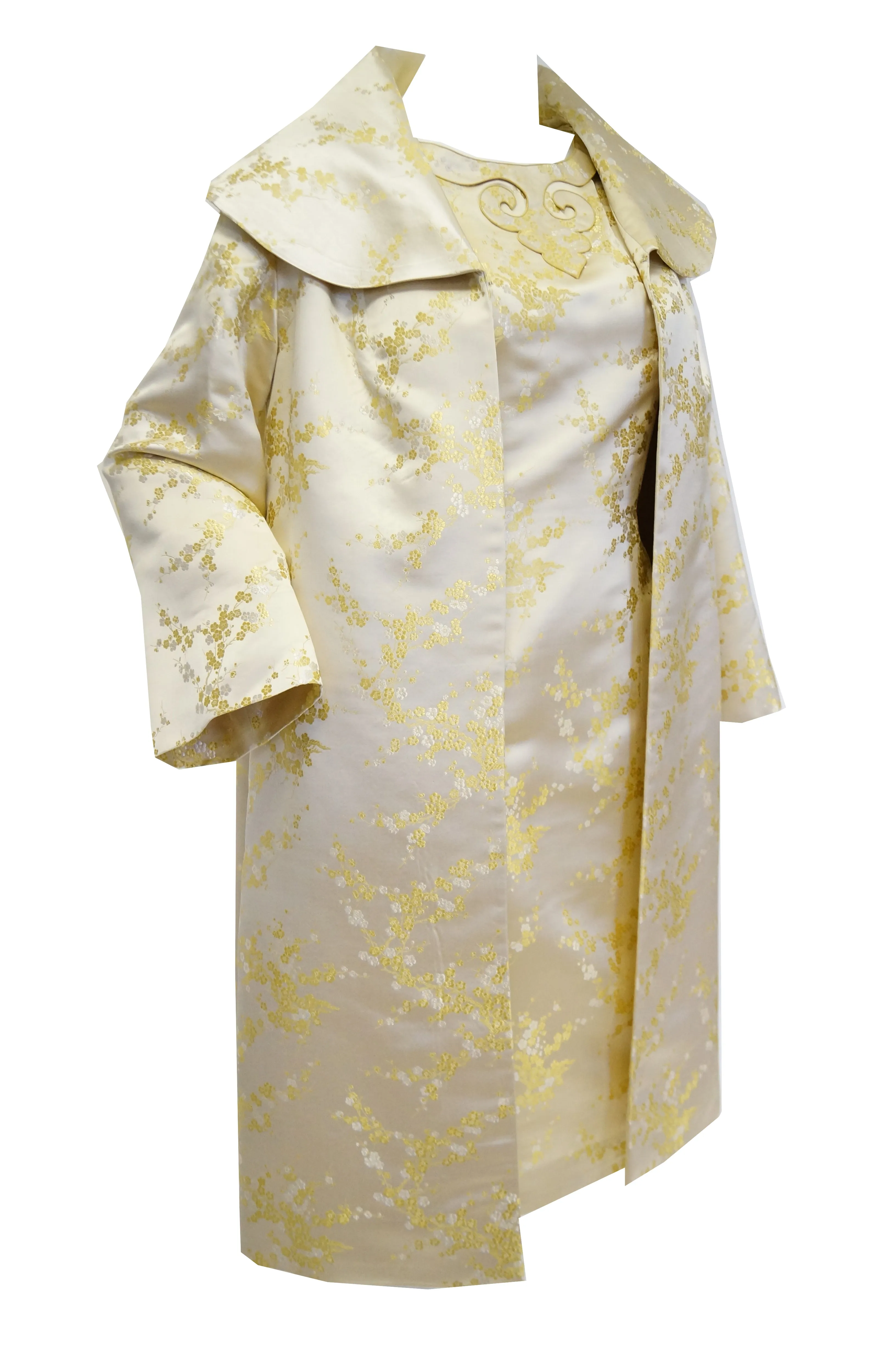 1960s Hong Kong Gold Cherry Blossom Floral Brocade Cocktail Dress and Coat