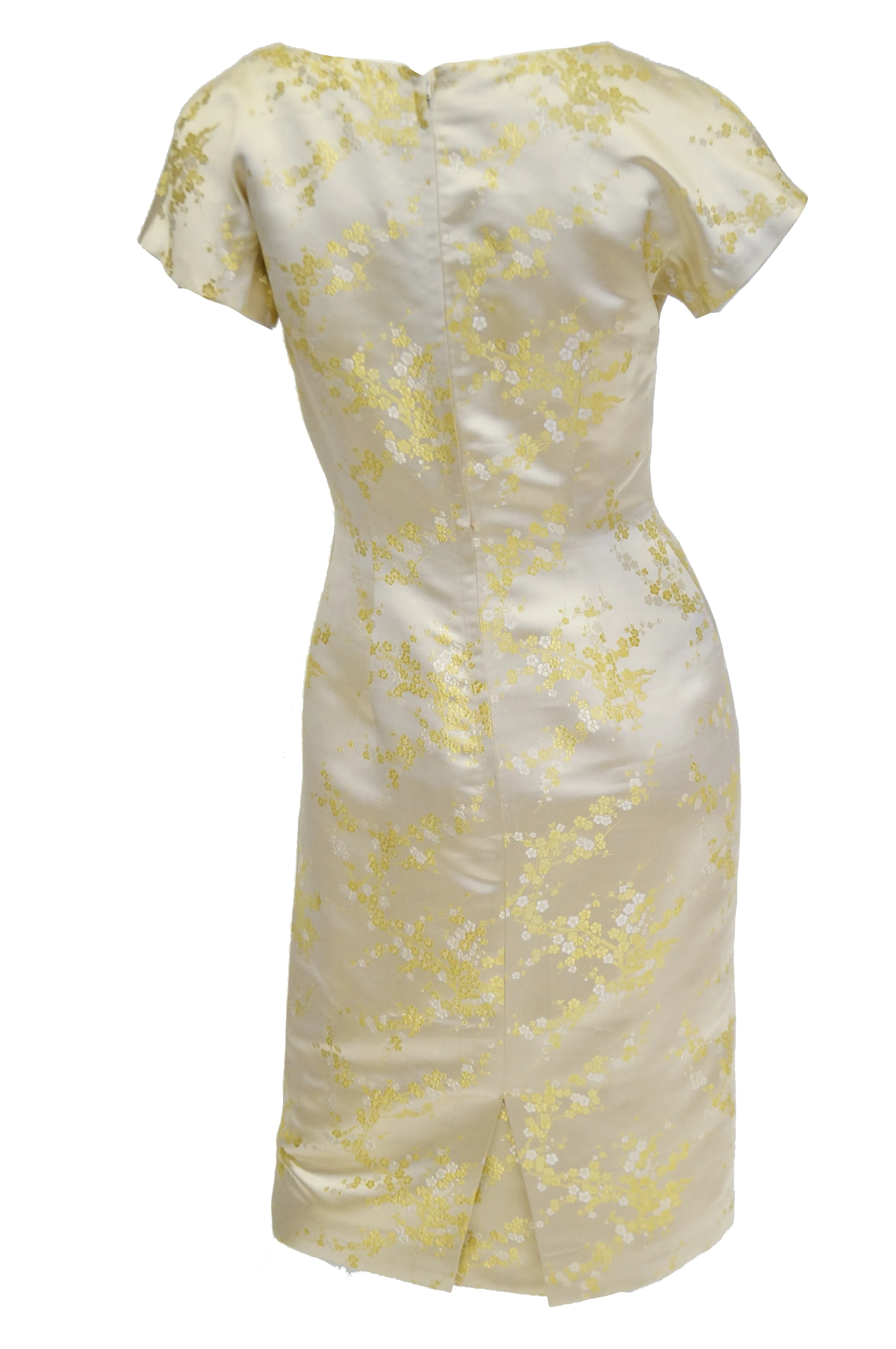 1960s Hong Kong Gold Cherry Blossom Floral Brocade Cocktail Dress and Coat