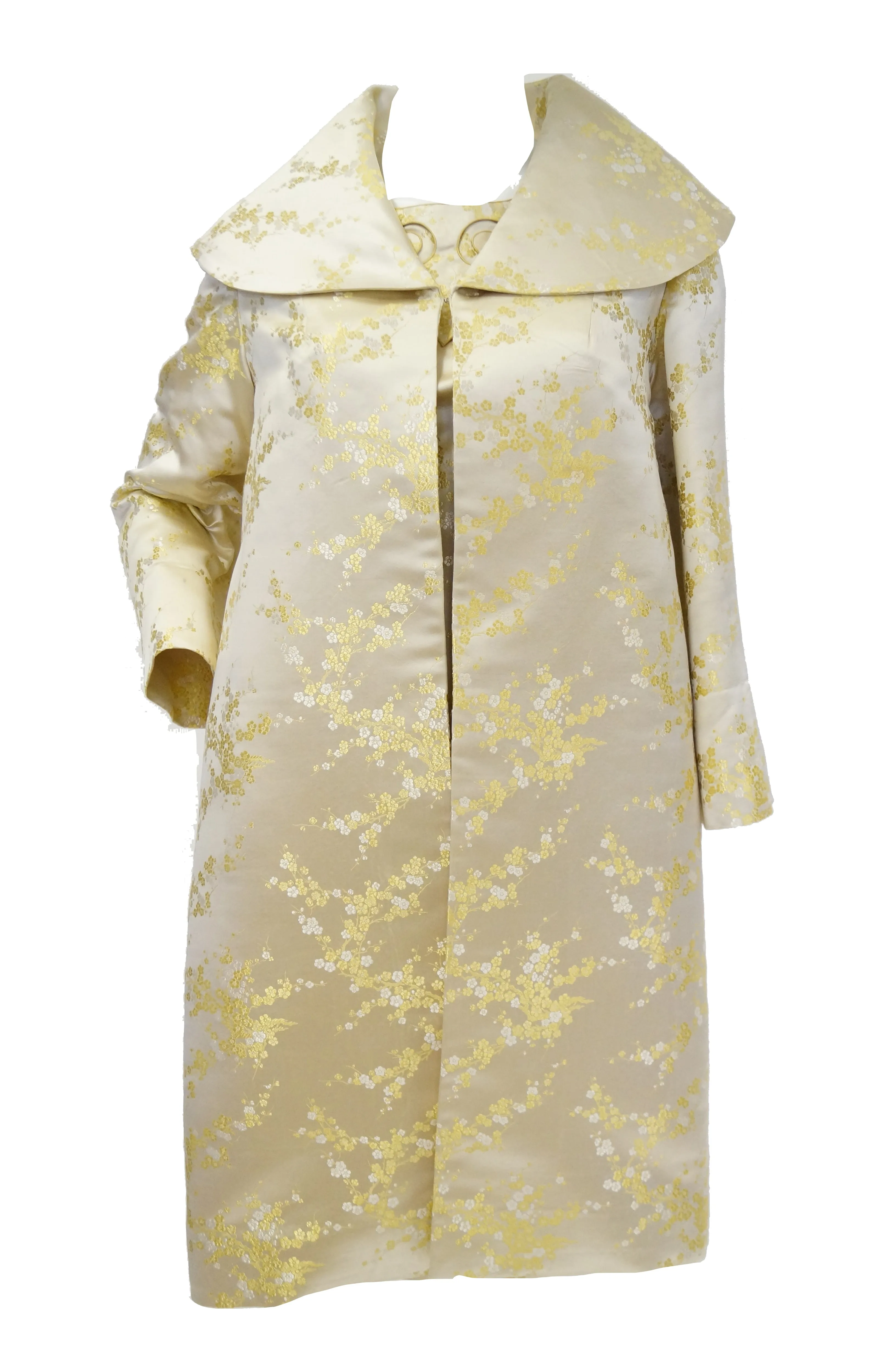 1960s Hong Kong Gold Cherry Blossom Floral Brocade Cocktail Dress and Coat