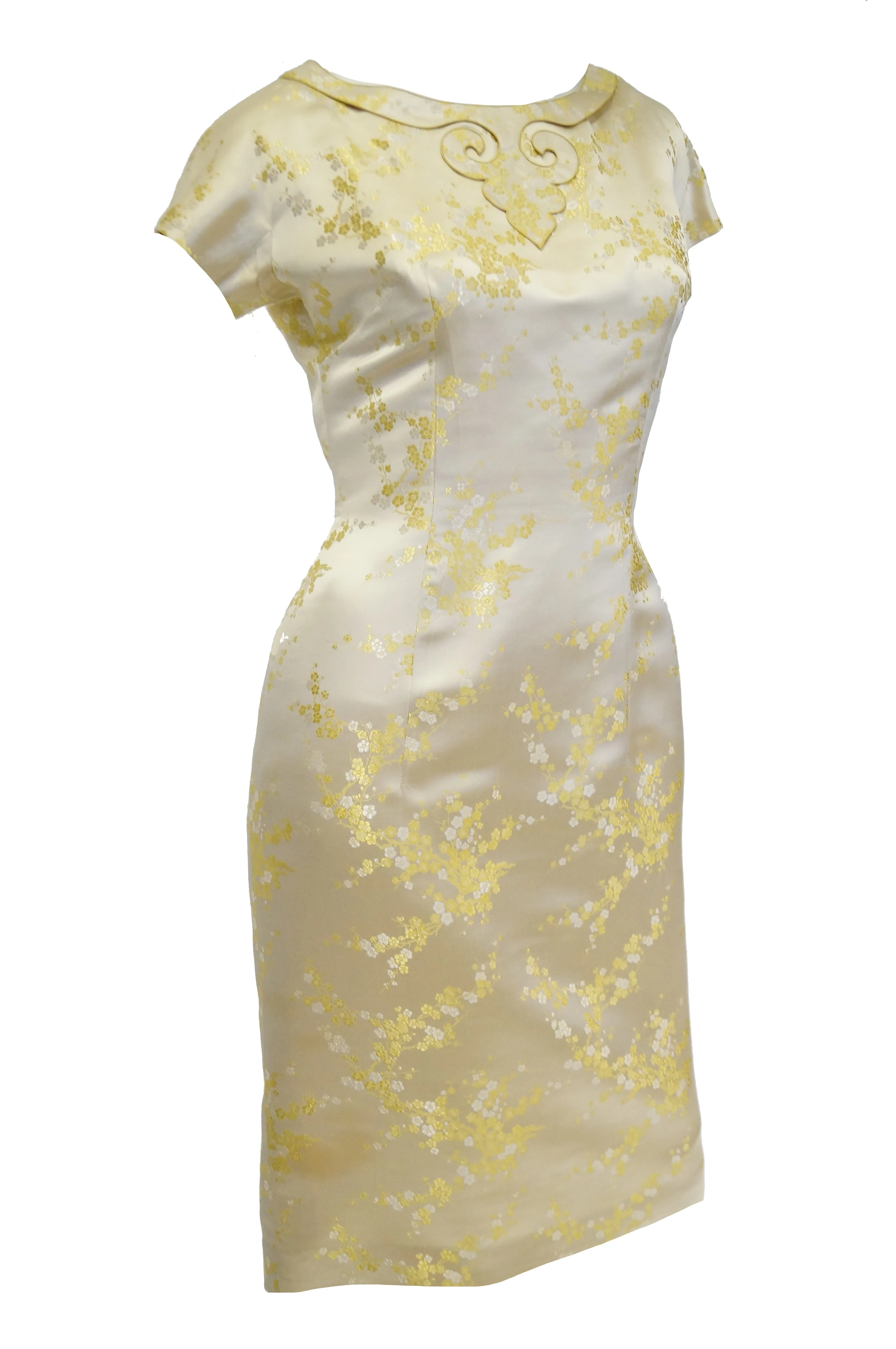 1960s Hong Kong Gold Cherry Blossom Floral Brocade Cocktail Dress and Coat