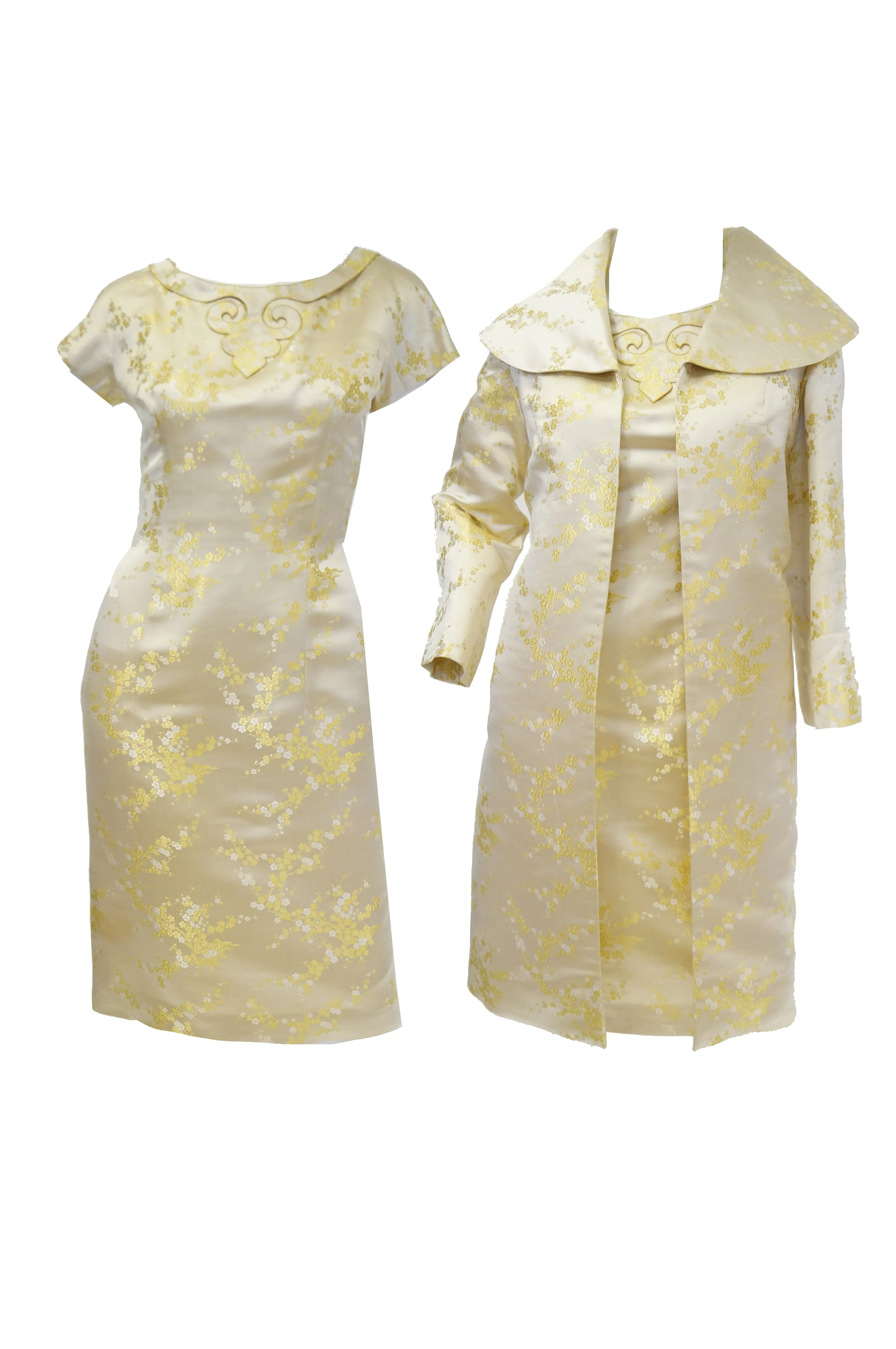 1960s Hong Kong Gold Cherry Blossom Floral Brocade Cocktail Dress and Coat