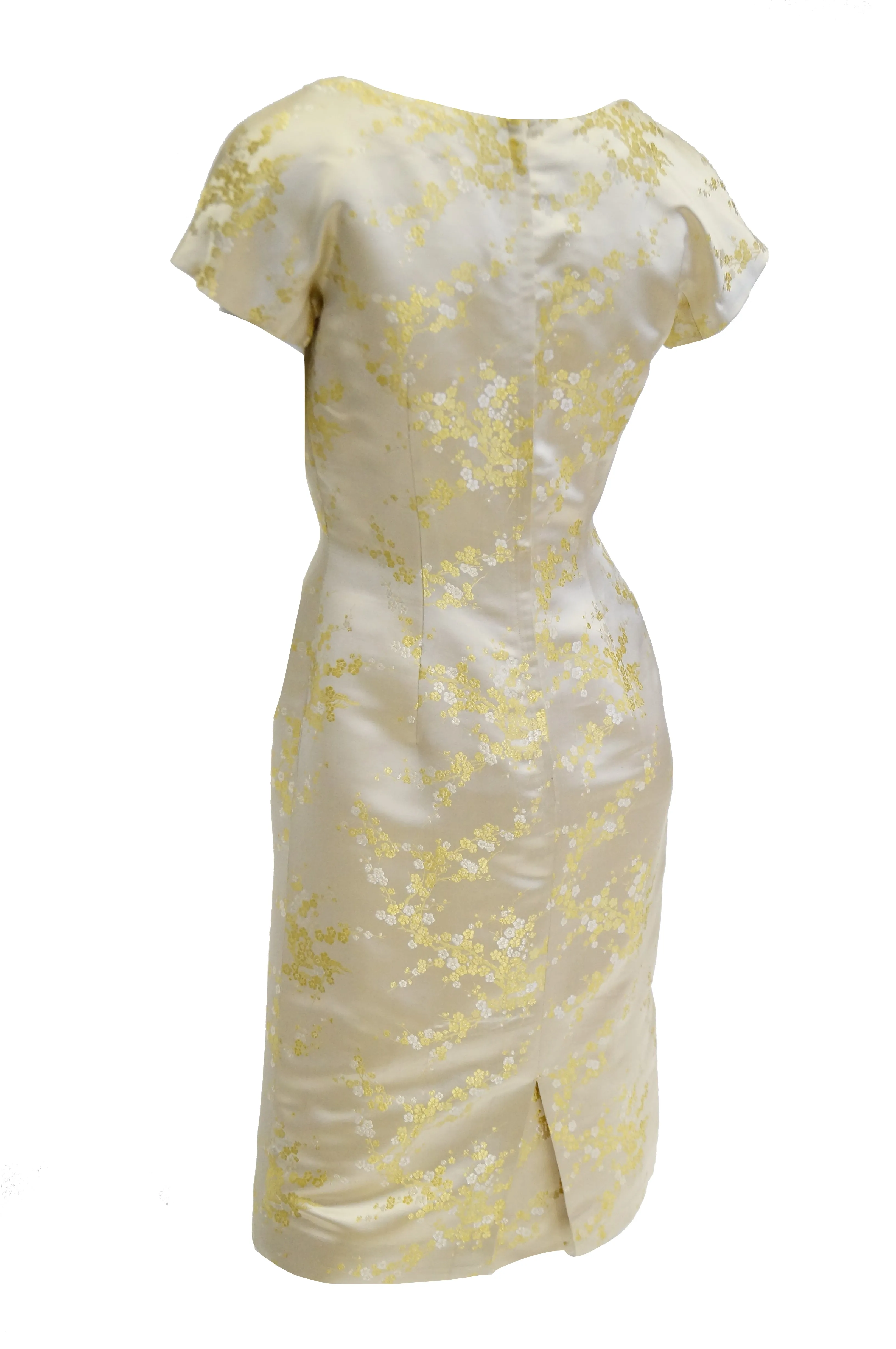 1960s Hong Kong Gold Cherry Blossom Floral Brocade Cocktail Dress and Coat