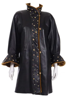 1980s Yves Saint Laurent Vintage Black Leather Coat W Gold Studs & Sheared Fur