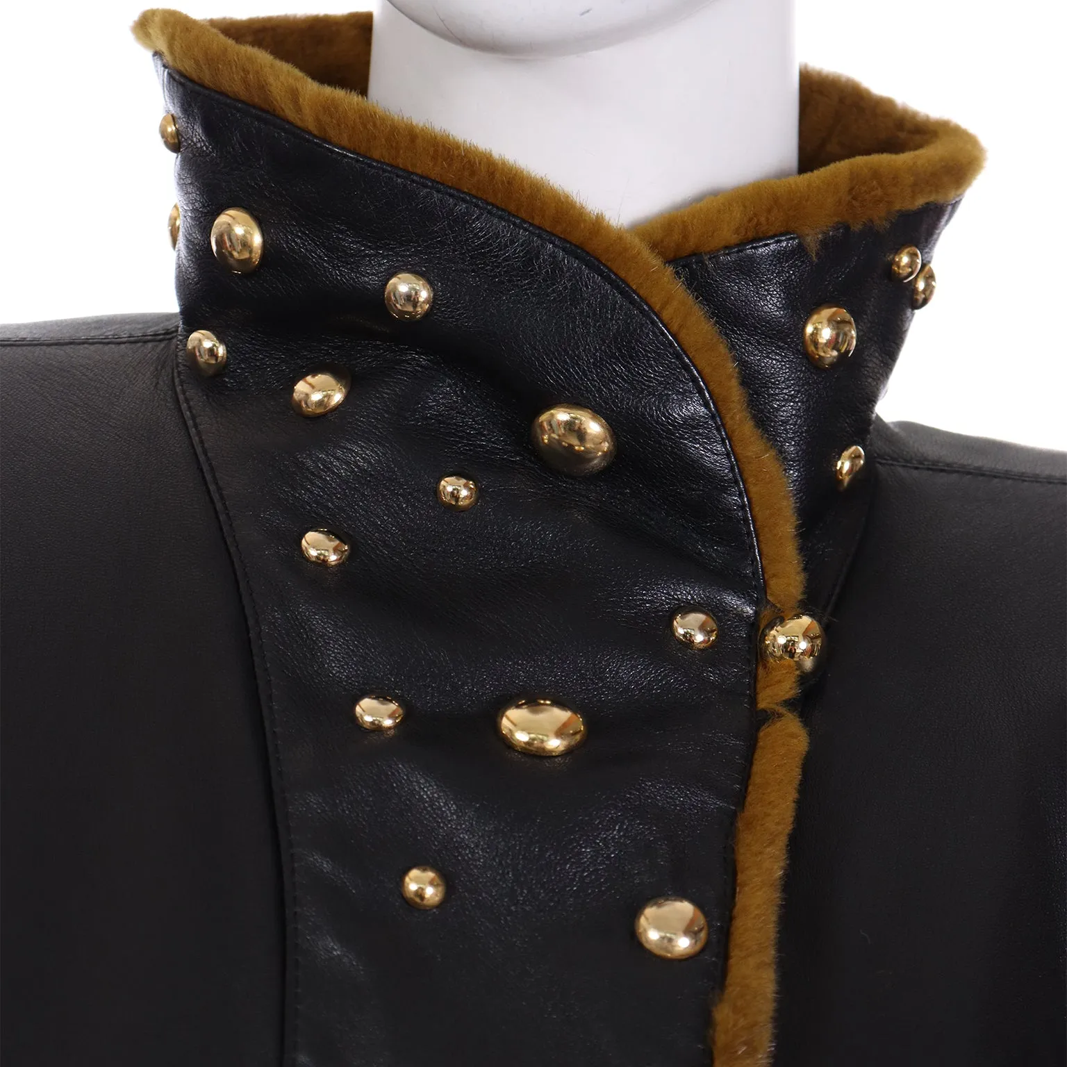 1980s Yves Saint Laurent Vintage Black Leather Coat W Gold Studs & Sheared Fur