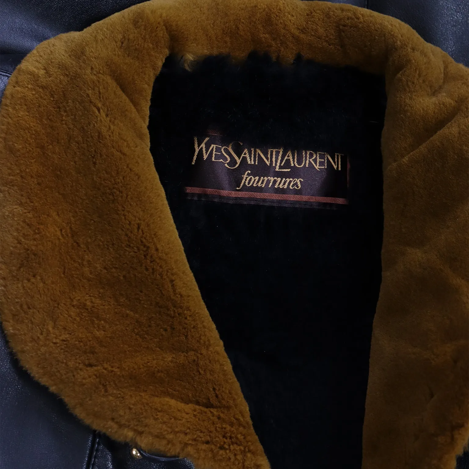 1980s Yves Saint Laurent Vintage Black Leather Coat W Gold Studs & Sheared Fur