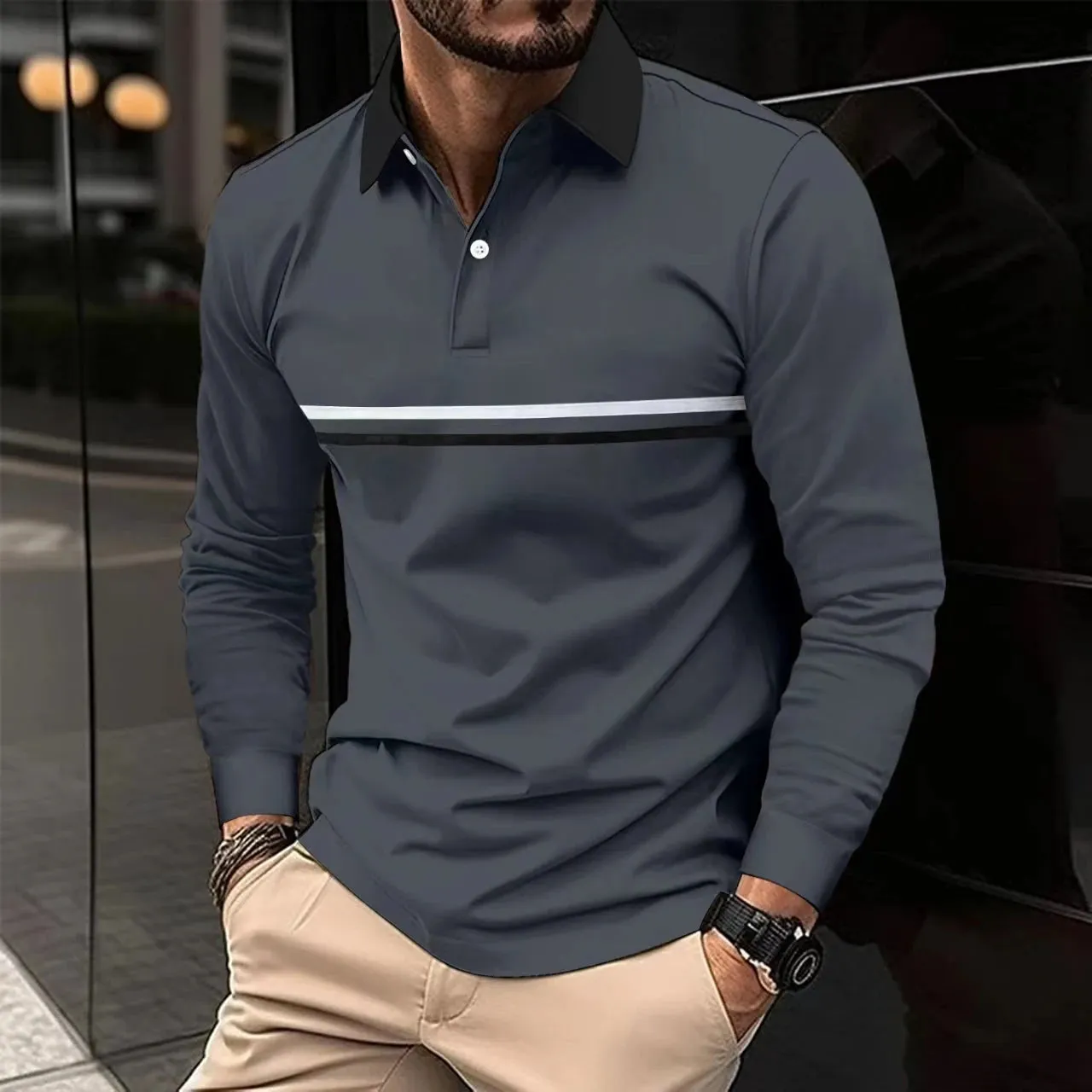 2024 Men New Stripe Long Sleeve Polo Shirt , Men Casual Simple Style Polo Shirt .