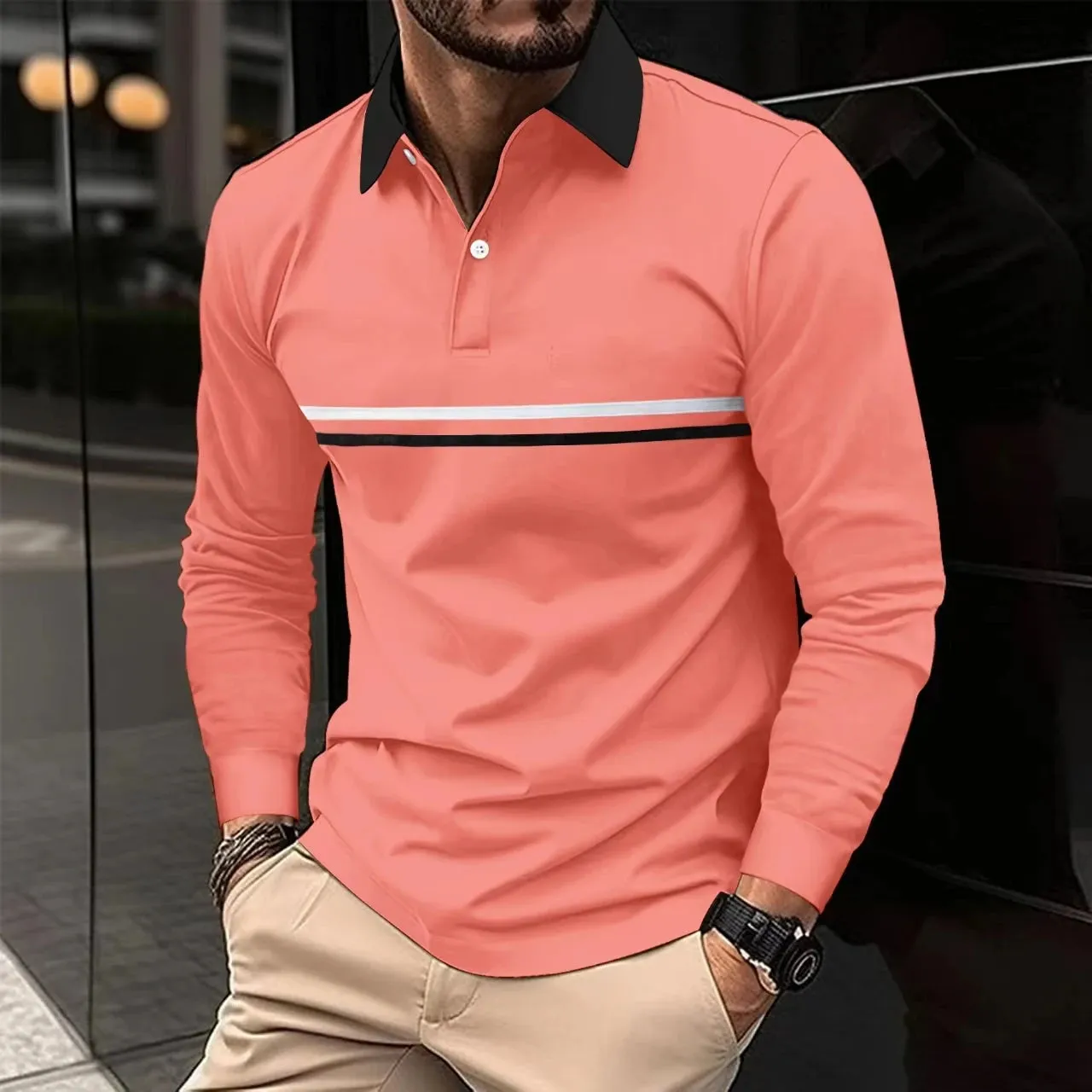 2024 Men New Stripe Long Sleeve Polo Shirt , Men Casual Simple Style Polo Shirt .