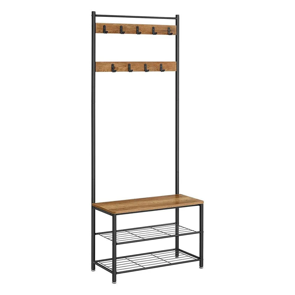 69 Inch Clothing Rack, 3 Shelves, 9 Hooks, Square Seat, Black Metal, Brown By Casagear Home