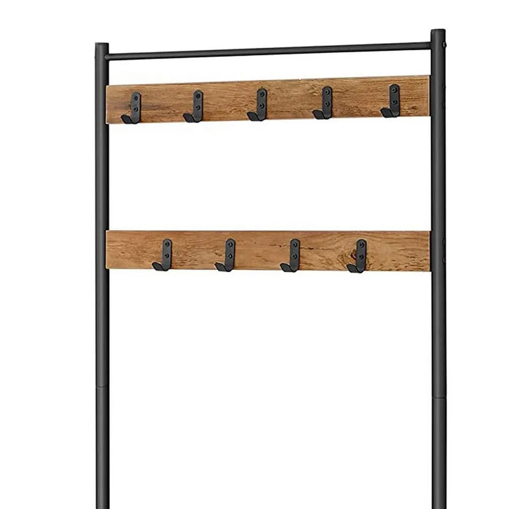 69 Inch Clothing Rack, 3 Shelves, 9 Hooks, Square Seat, Black Metal, Brown By Casagear Home