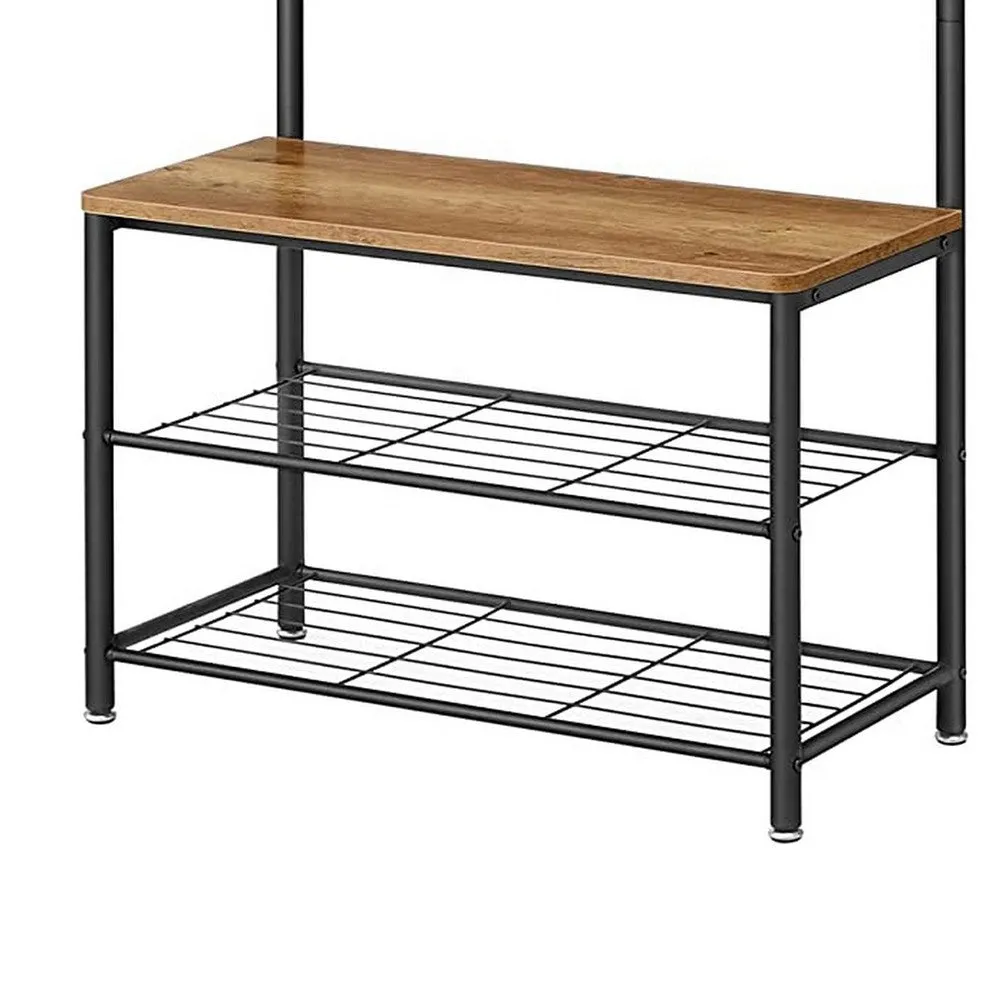 69 Inch Clothing Rack, 3 Shelves, 9 Hooks, Square Seat, Black Metal, Brown By Casagear Home