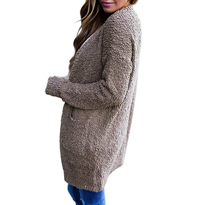 Aiertu long sweater dress outfit Autumn and Winter Knitwear Solid Color Fleece Double Pocket Cardigan Sweater