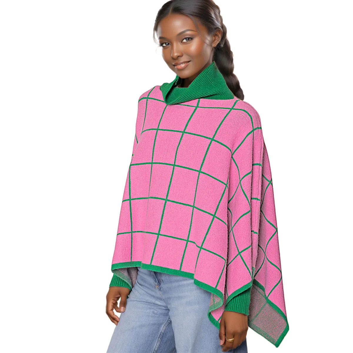 AKA Sorority Plaid Knit Pink Green Poncho