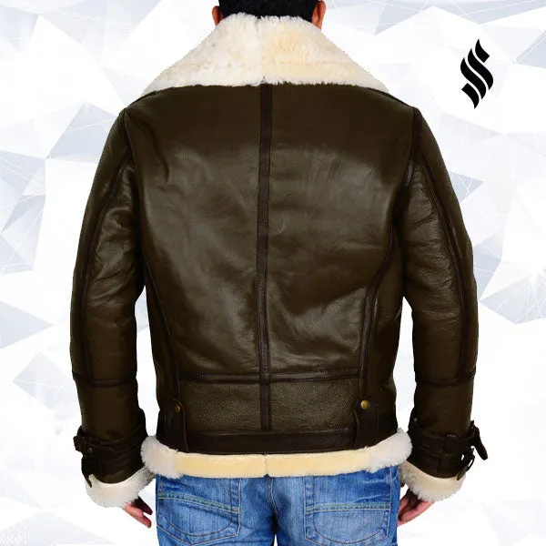 Army Green Men B3 Bomber Shearling Leather Jacket
