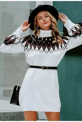 Autumn Winter Knitted Mini White Turtleneck Sweater Dress