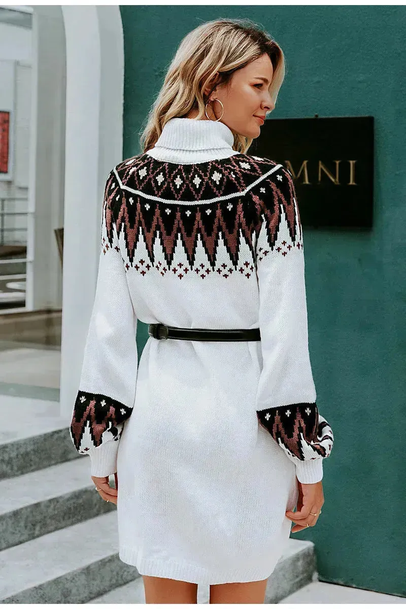 Autumn Winter Knitted Mini White Turtleneck Sweater Dress