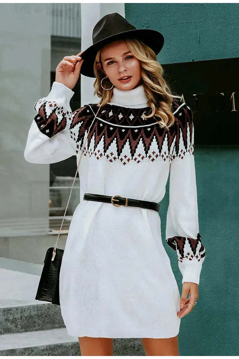 Autumn Winter Knitted Mini White Turtleneck Sweater Dress