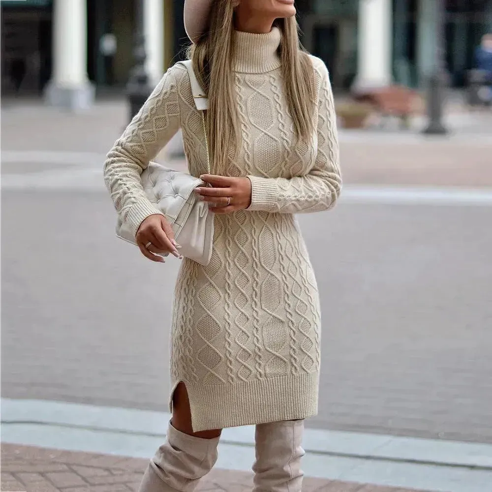 Autumn Winter Mini Slim fit Twist thick knitted Turtleneck sweater dress