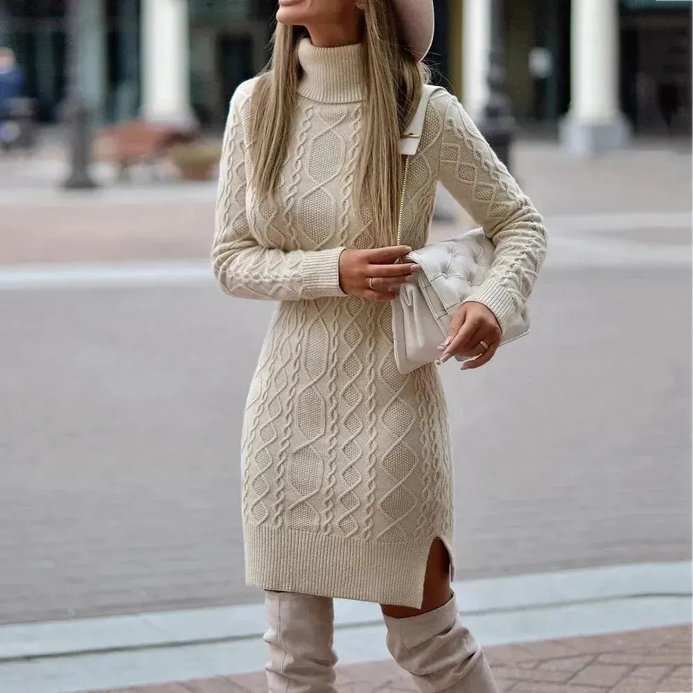 Autumn Winter Mini Slim fit Twist thick knitted Turtleneck sweater dress