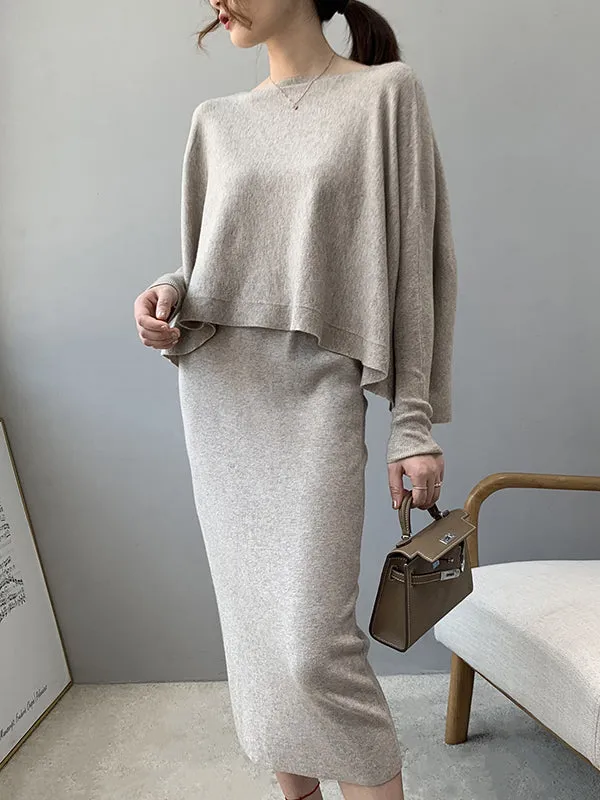 Batwing Sleeves High-Low Solid Color Boat Neck Knitwear Pullovers Sweater