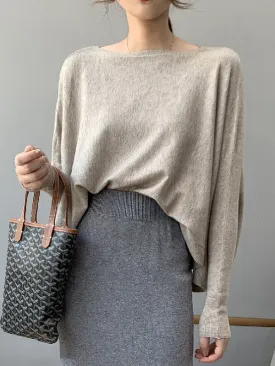 Batwing Sleeves High-Low Solid Color Boat Neck Knitwear Pullovers Sweater