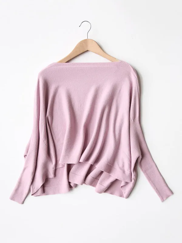 Batwing Sleeves High-Low Solid Color Boat Neck Knitwear Pullovers Sweater