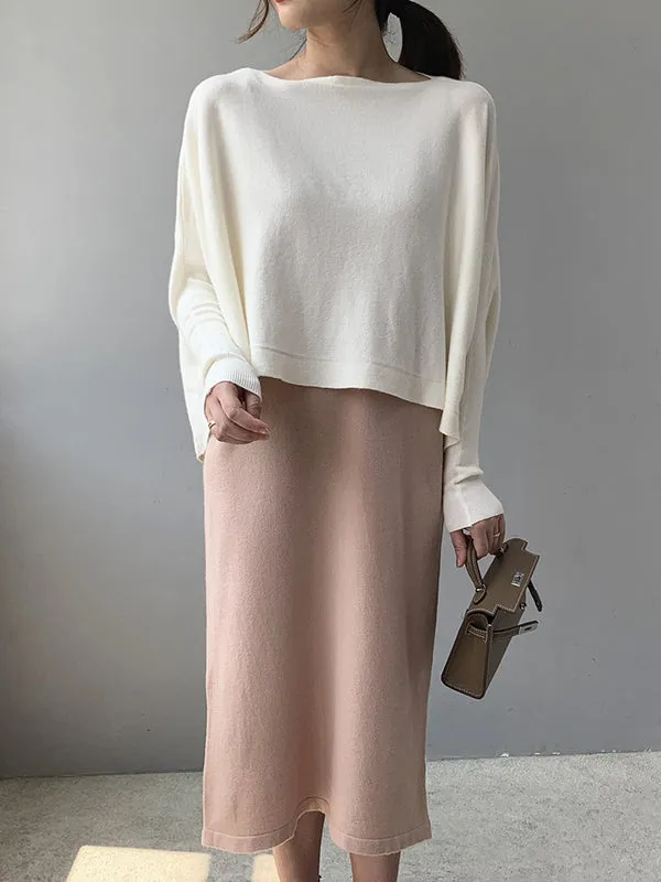 Batwing Sleeves High-Low Solid Color Boat Neck Knitwear Pullovers Sweater