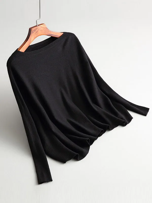 Batwing Sleeves High-Low Solid Color Boat Neck Knitwear Pullovers Sweater