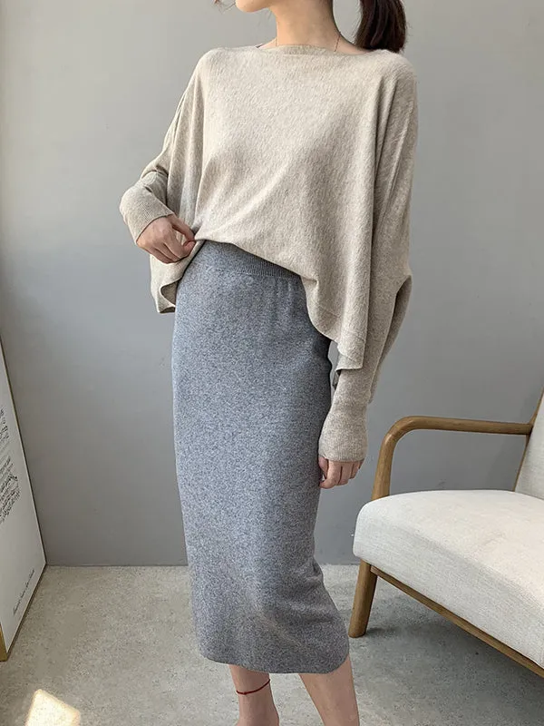 Batwing Sleeves High-Low Solid Color Boat Neck Knitwear Pullovers Sweater