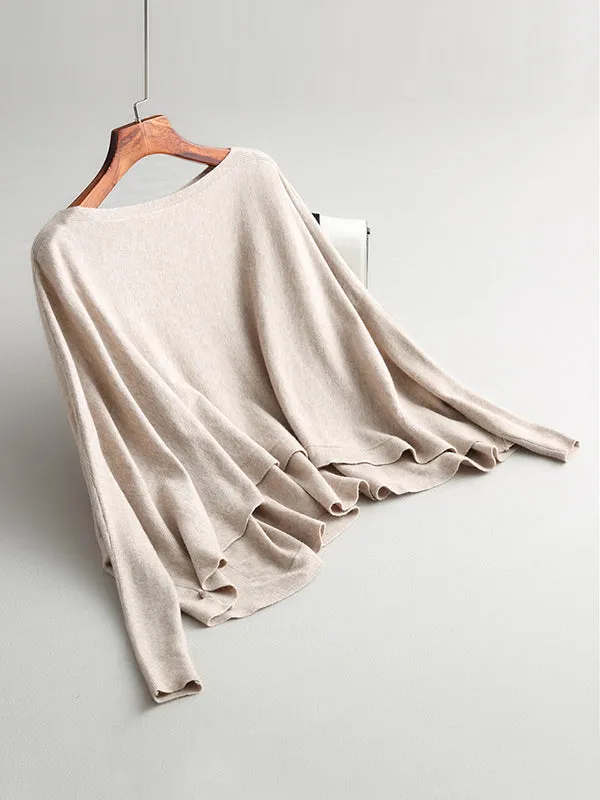 Batwing Sleeves High-Low Solid Color Boat Neck Knitwear Pullovers Sweater