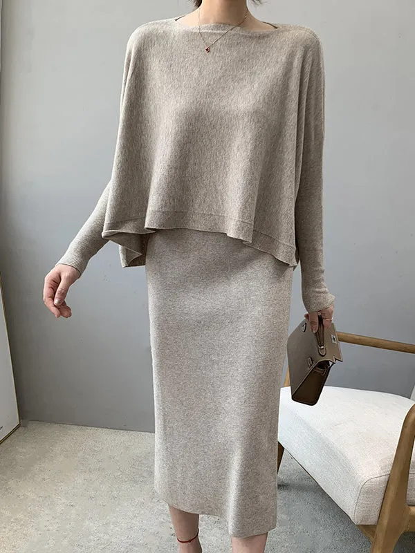 Batwing Sleeves High-Low Solid Color Boat Neck Knitwear Pullovers Sweater