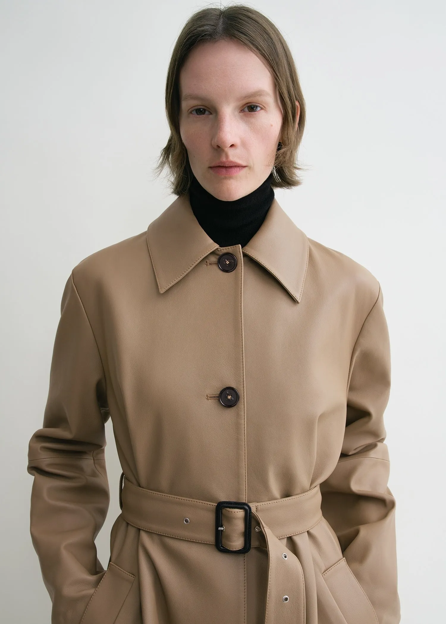 Belted leather coat truffle