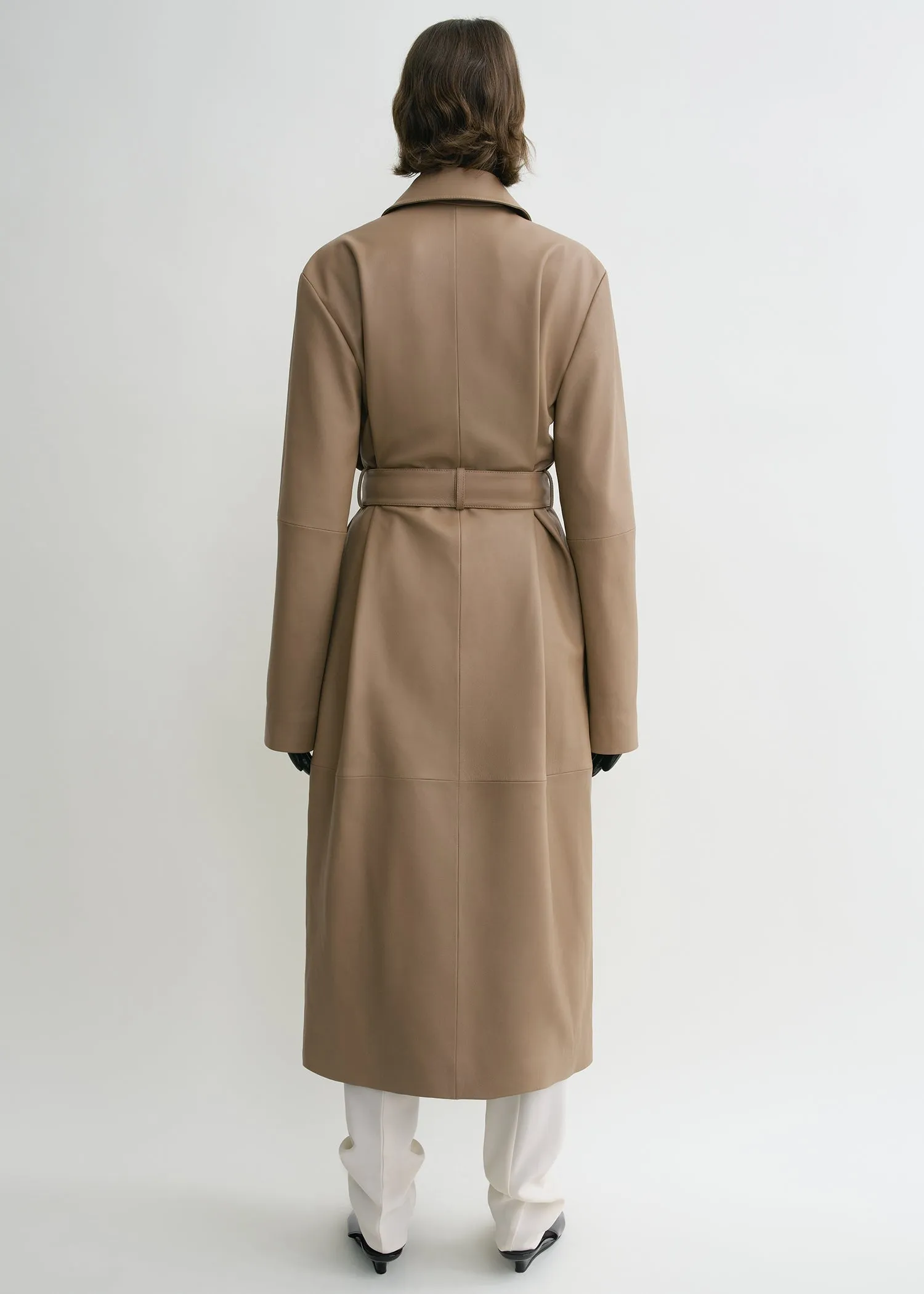 Belted leather coat truffle