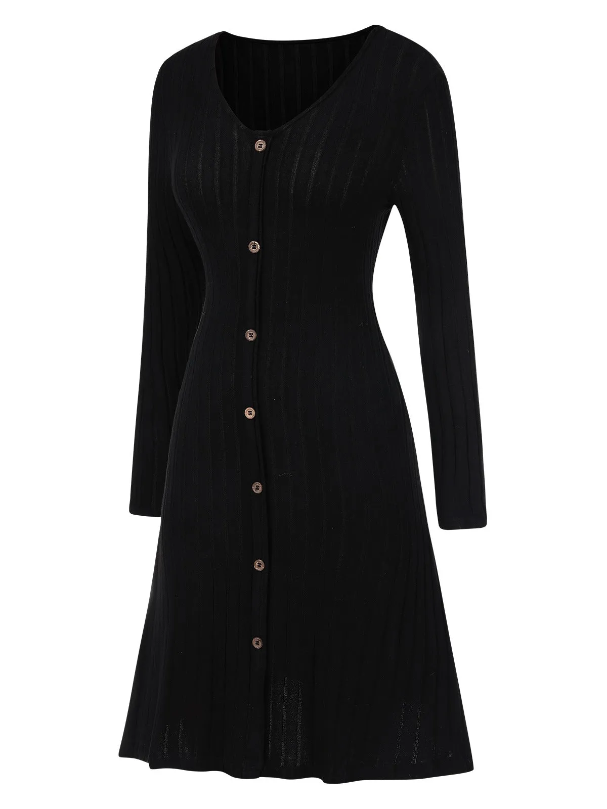 Black 1940s V-Neck Solid Knitted Dress