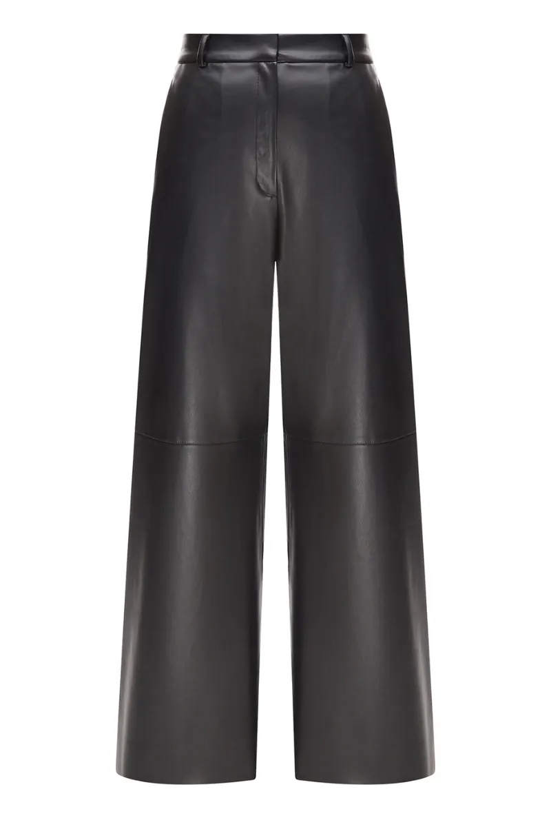 BLACK FAUX LEATHER WIDE LEG PANTS