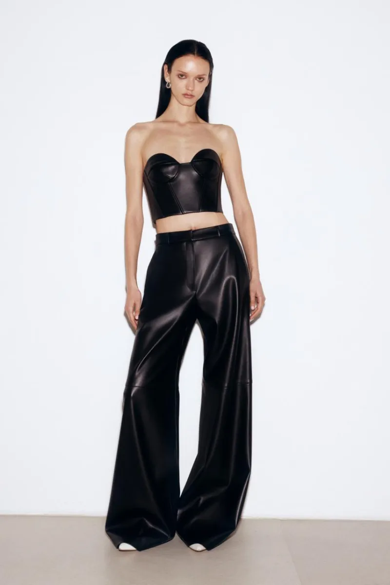 BLACK FAUX LEATHER WIDE LEG PANTS