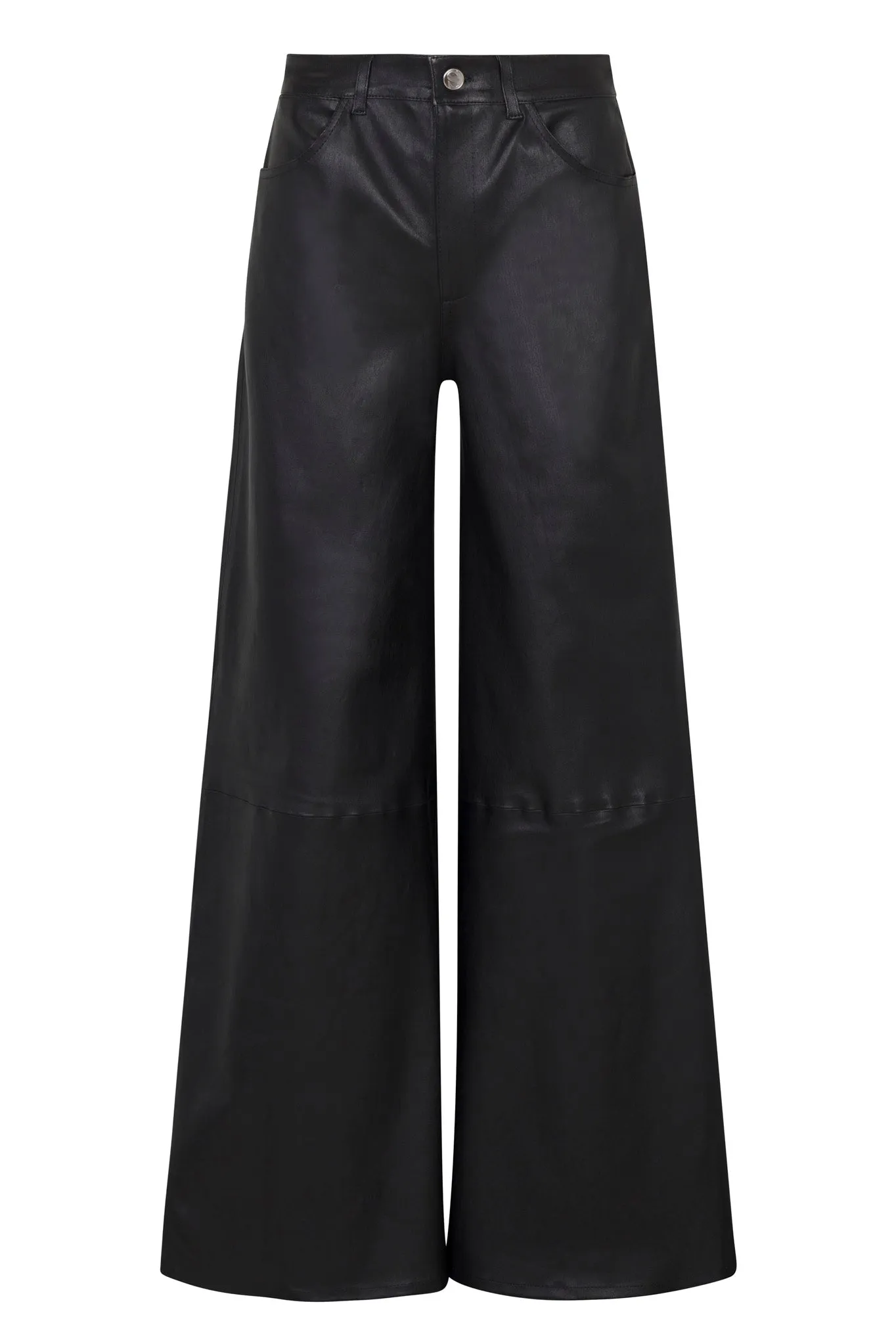 Black Leather 5 Pocket Wide Leg Pants