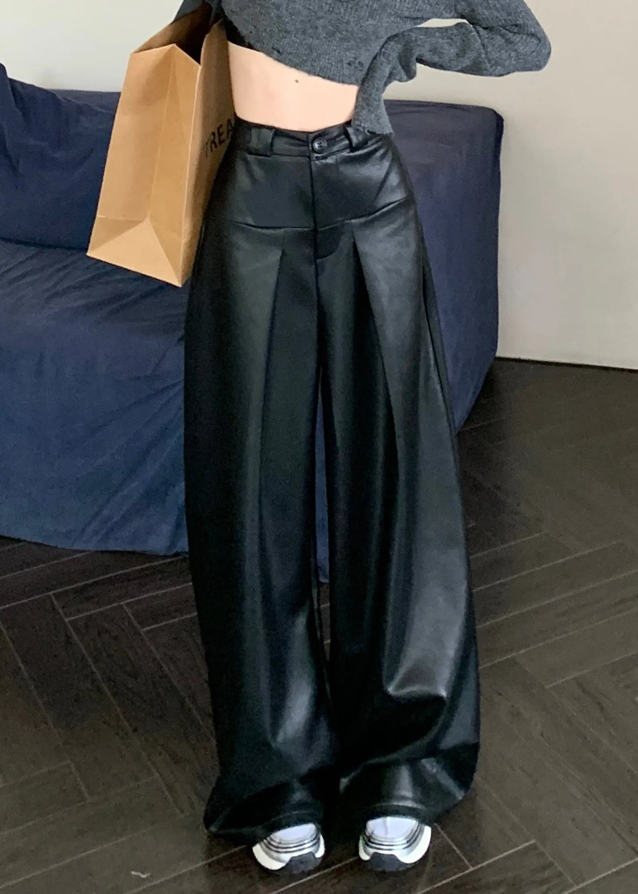 Black Solid Faux Leather Wide Leg Pants High Waist PP032