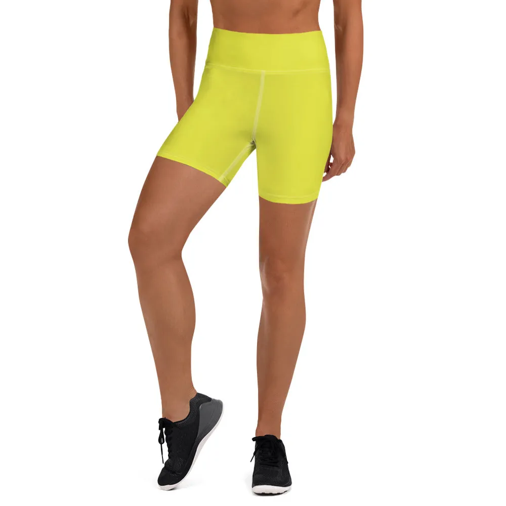 Bright Yellow Women's Yoga Shorts, Solid Color Best Ladies Short Tights-Made in USA/EU