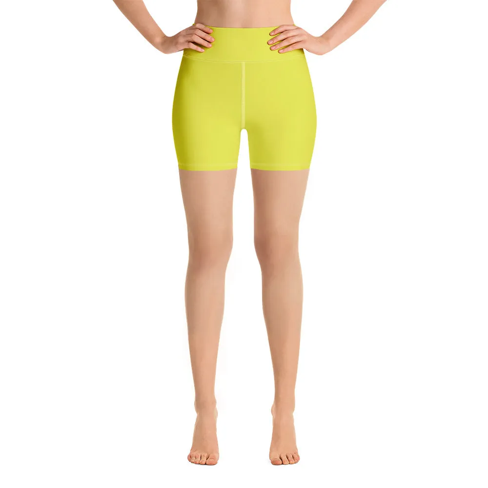 Bright Yellow Women's Yoga Shorts, Solid Color Best Ladies Short Tights-Made in USA/EU