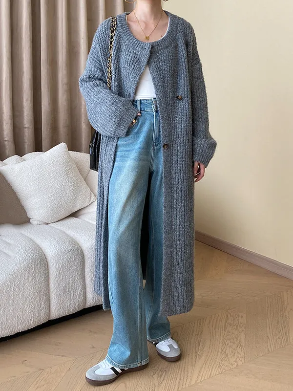 Buttoned Solid Color Long Sleeves Loose Round-Neck Knitwear Cardigan Coats