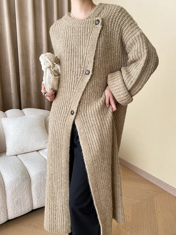 Buttoned Solid Color Long Sleeves Loose Round-Neck Knitwear Cardigan Coats