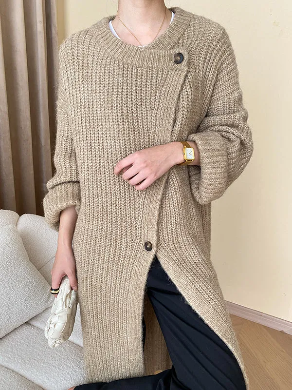 Buttoned Solid Color Long Sleeves Loose Round-Neck Knitwear Cardigan Coats