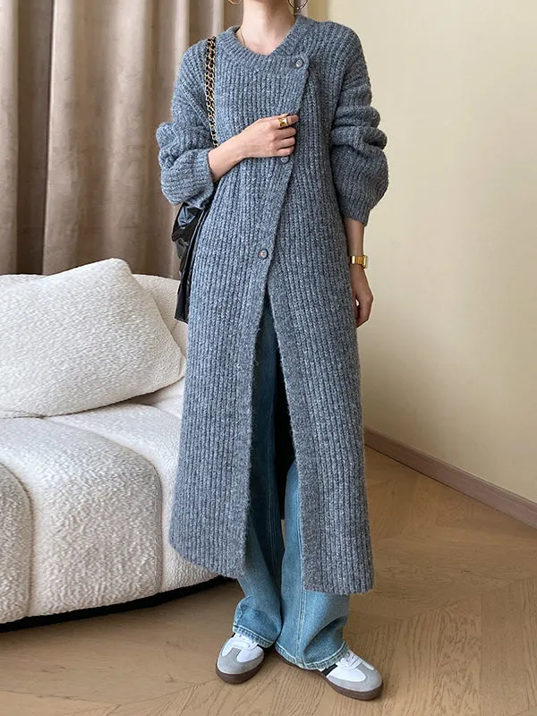 Buttoned Solid Color Long Sleeves Loose Round-Neck Knitwear Cardigan Coats