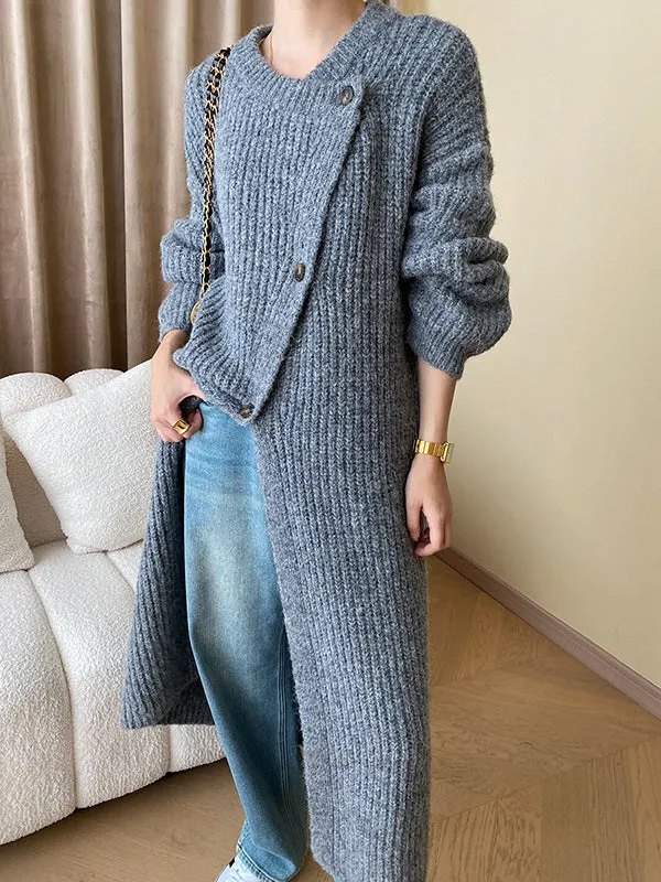 Buttoned Solid Color Long Sleeves Loose Round-Neck Knitwear Cardigan Coats