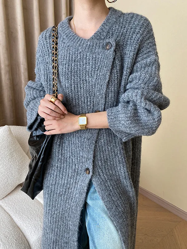 Buttoned Solid Color Long Sleeves Loose Round-Neck Knitwear Cardigan Coats