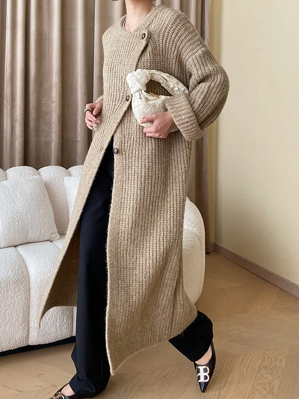 Buttoned Solid Color Long Sleeves Loose Round-Neck Knitwear Cardigan Coats