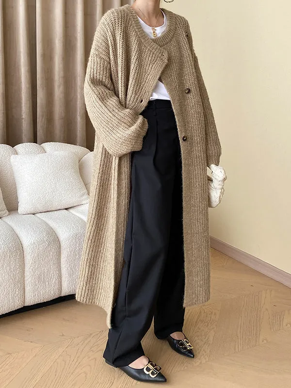 Buttoned Solid Color Long Sleeves Loose Round-Neck Knitwear Cardigan Coats