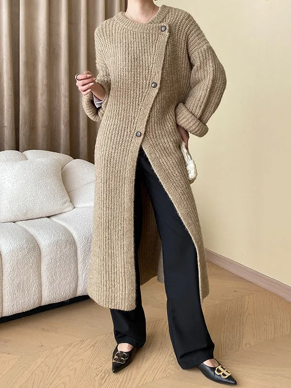 Buttoned Solid Color Long Sleeves Loose Round-Neck Knitwear Cardigan Coats